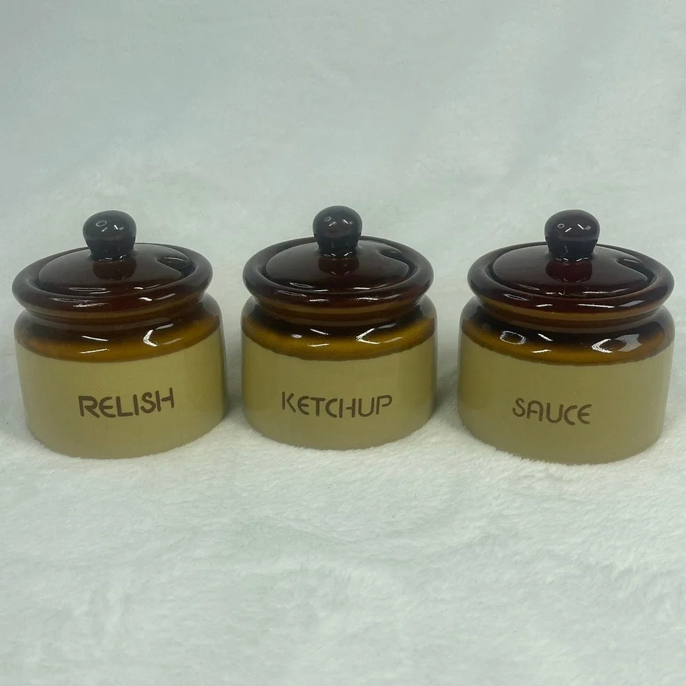 Vintage Condiment Jar Set Brown Tan Ceramic Stoneware 3pc Set